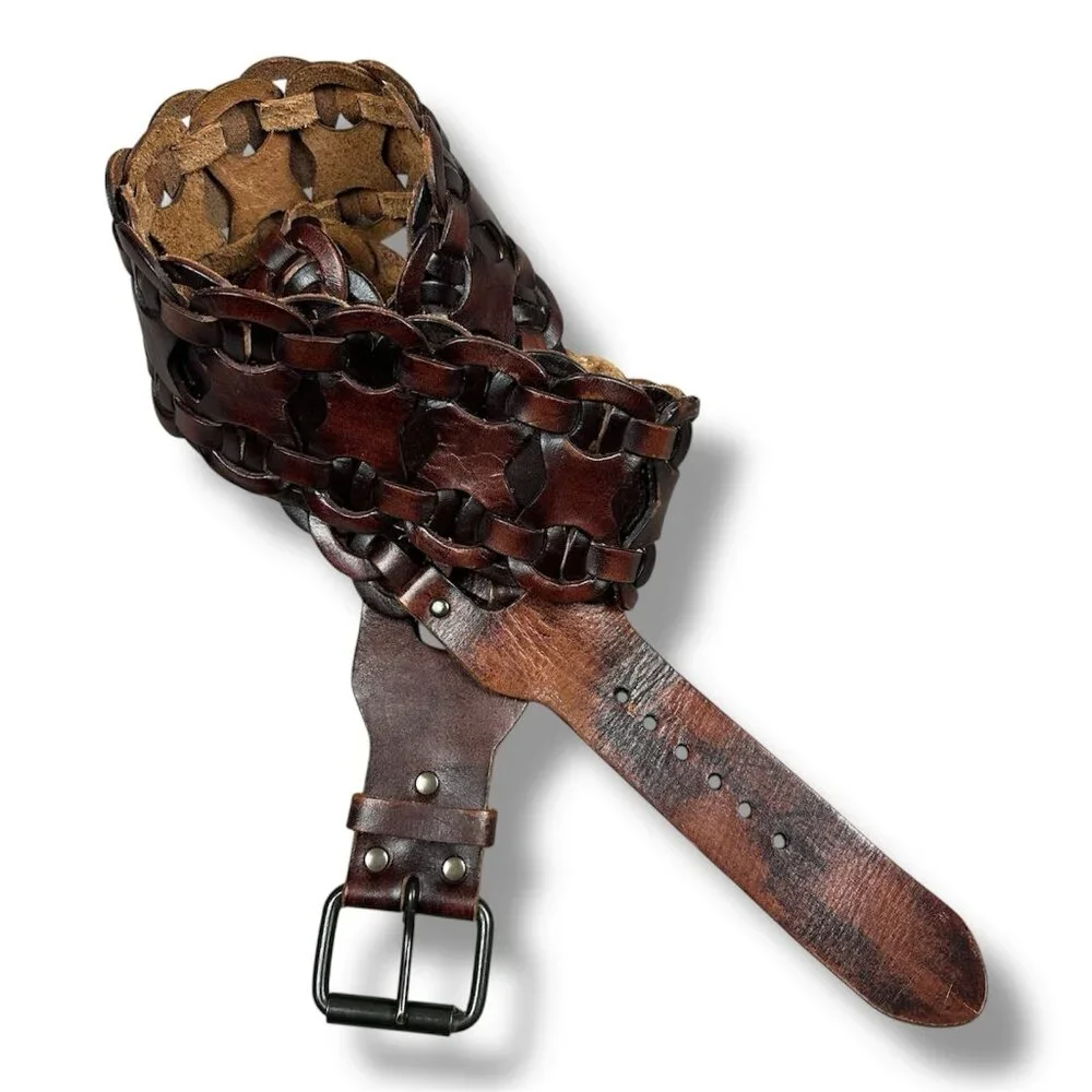Equal Hands Wide Brown Leather Belt Size 2XL Interlocking Chain Steampunk